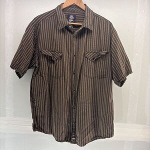Dickies Mens Western Shirt 2XL Brown Stripe Short Sleeve Pearl Snap Cowboy READ